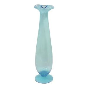 Mid-Century Tall Blue Vase Flared Rim Italian Blown Glass Footed Decorative Vase